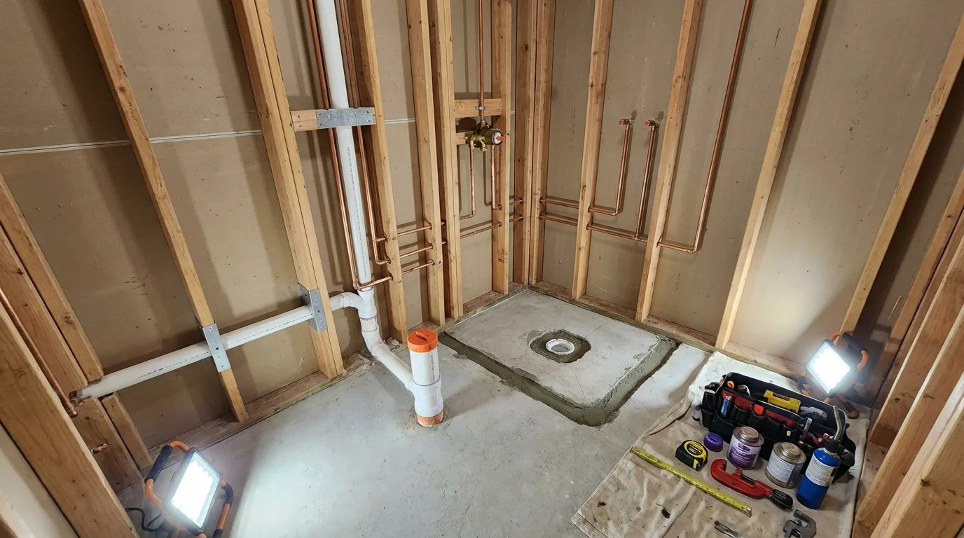Bathroom rough-in plumbing during remodel by Johns Plumbing LLC in Lovell