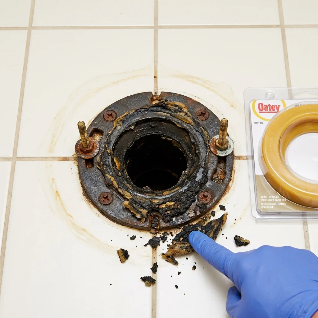 Failed wax ring showing water seepage at the base of a toilet in a Lovell, WY home